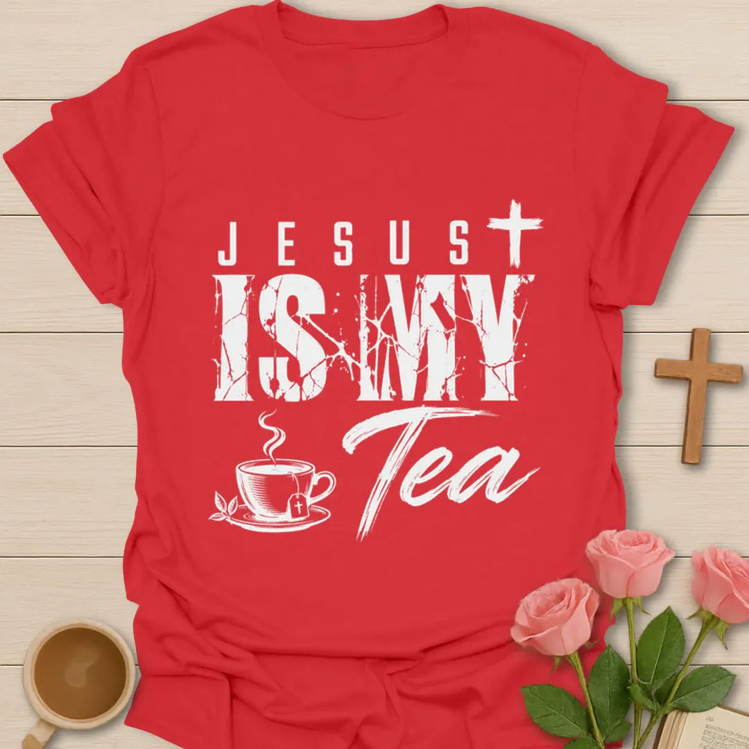 Jesus Is My Tea shirt with bold distressed white lettering, teacup, tea bag, cross, and leaves. - Red