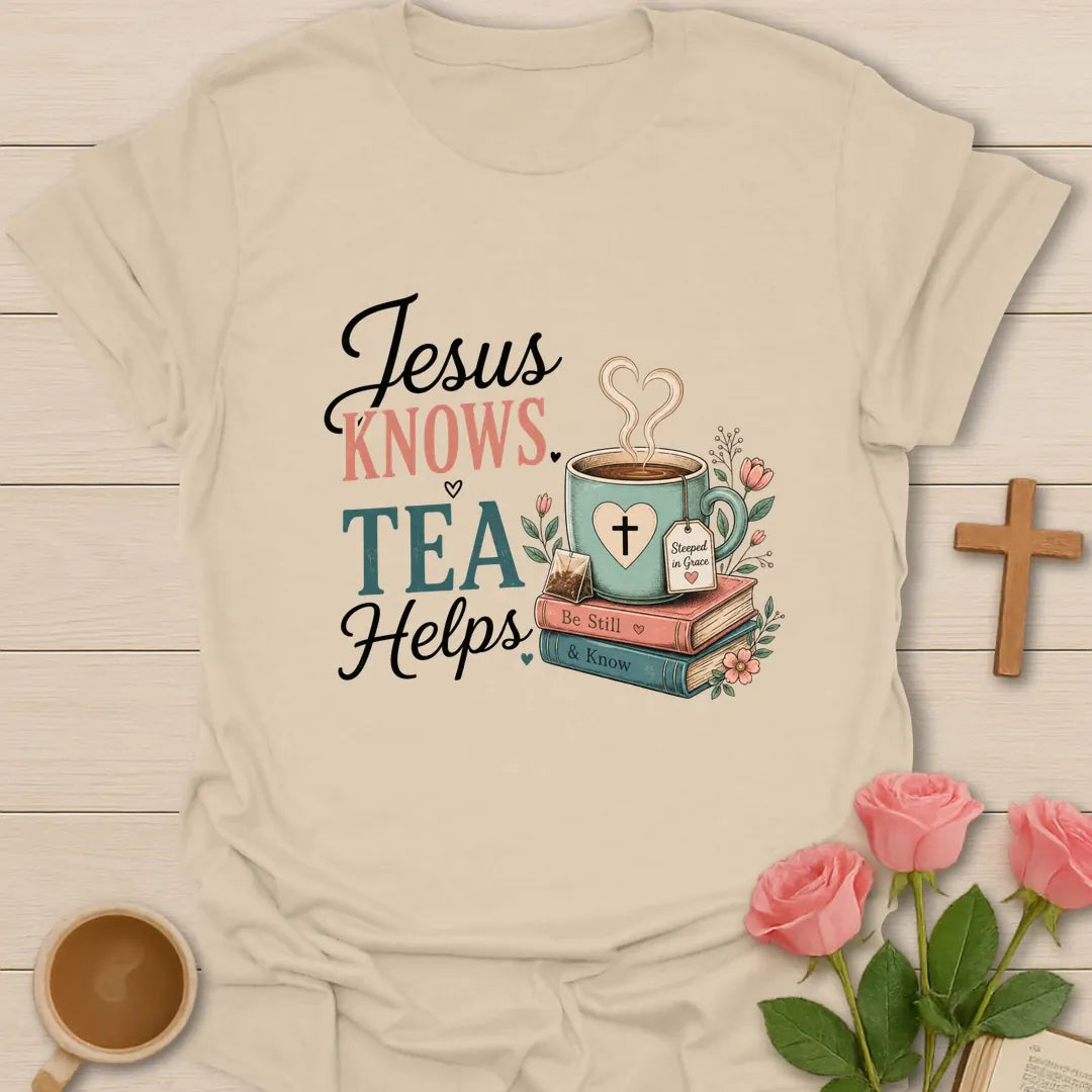 Jesus Knows Tea Helps shirt with teacup, playful lettering, and faith-inspired design. - Sand