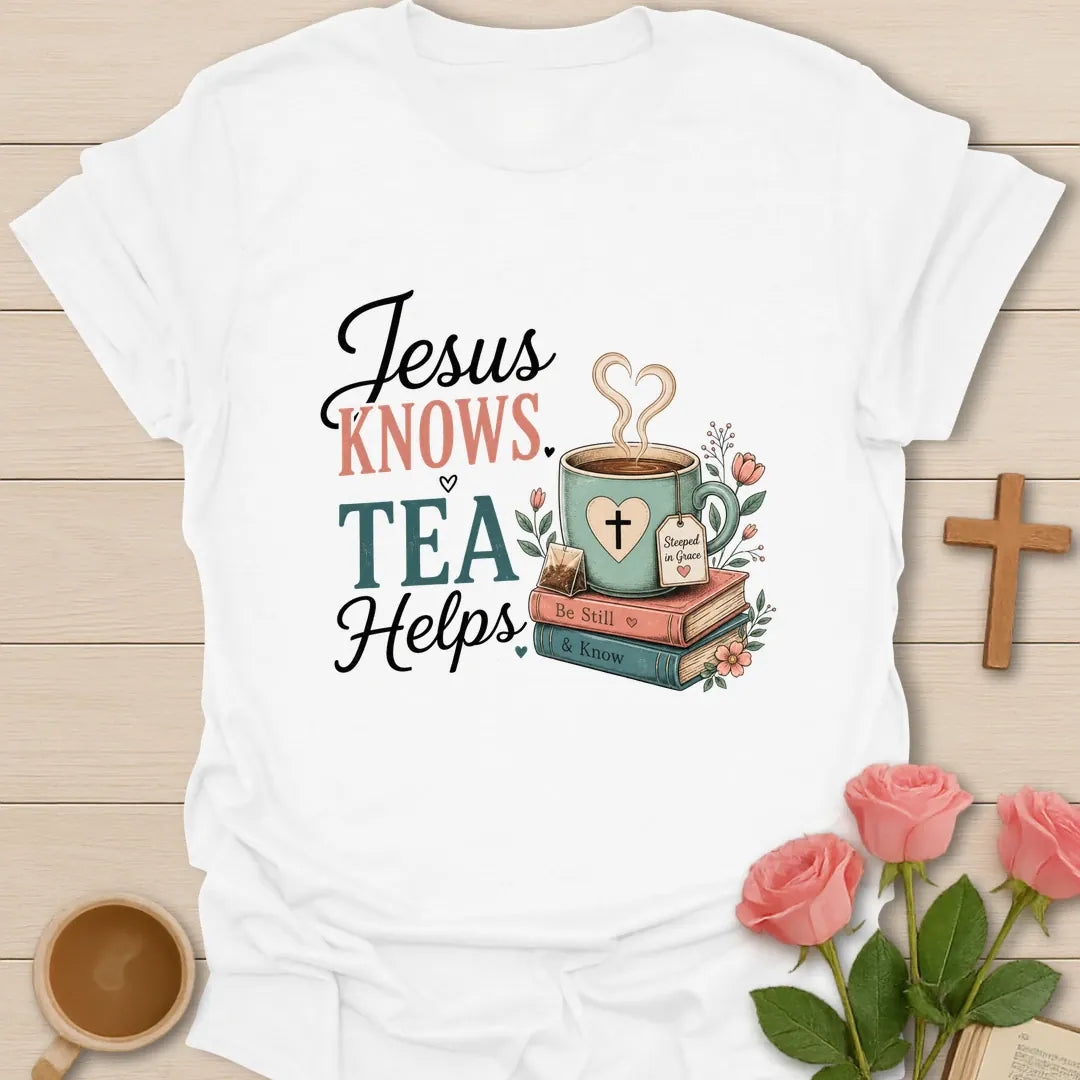 Jesus Knows Tea Helps shirt with teacup, playful lettering, and faith-inspired design. - White