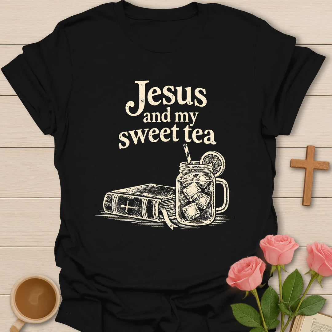 Jesus and my sweet tea t-shirt with cream lettering above a line-art Bible and a mason jar of iced tea with lemon - Black