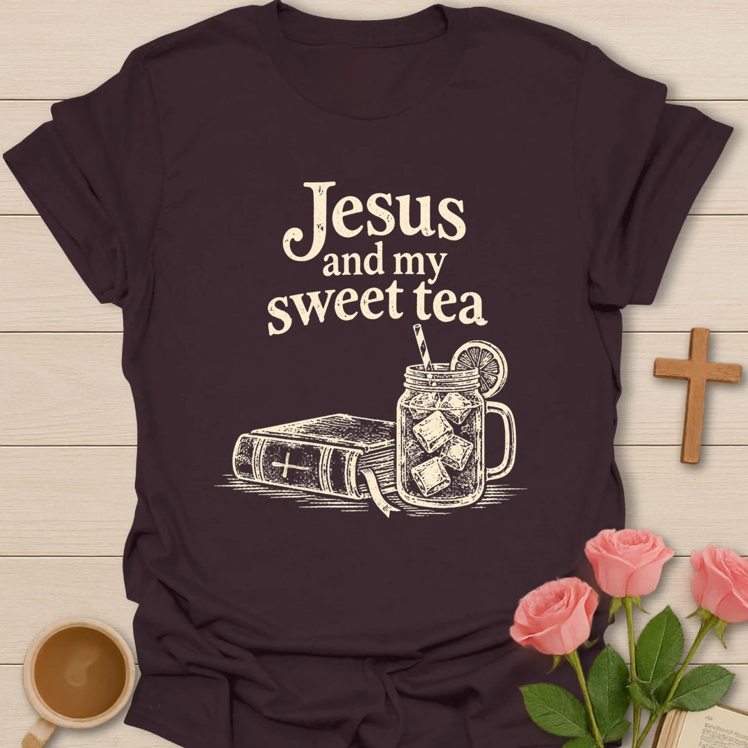 Jesus and my sweet tea t-shirt with cream lettering above a line-art Bible and a mason jar of iced tea with lemon - Dark Chocolate
