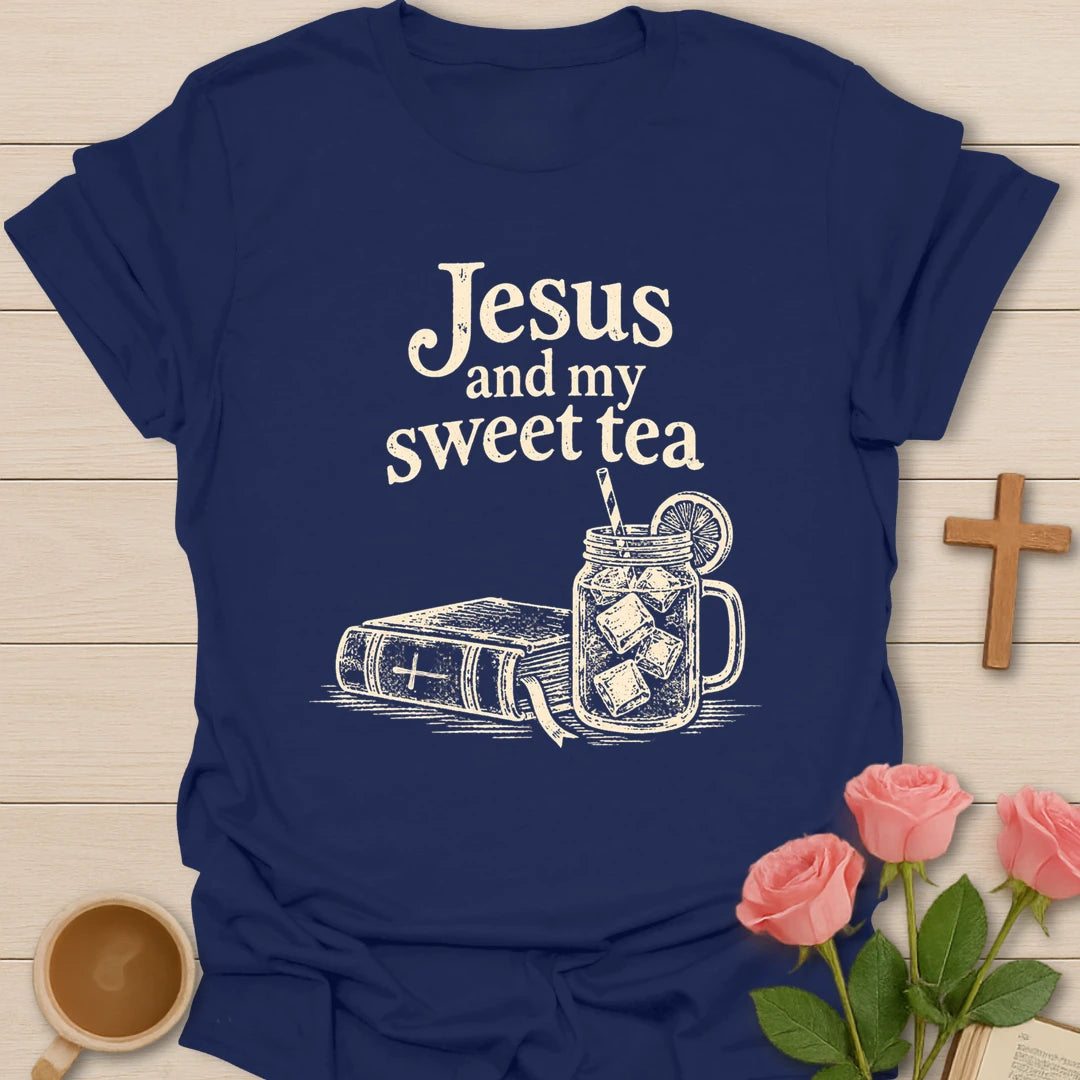 Jesus and my sweet tea t-shirt with cream lettering above a line-art Bible and a mason jar of iced tea with lemon - Navy