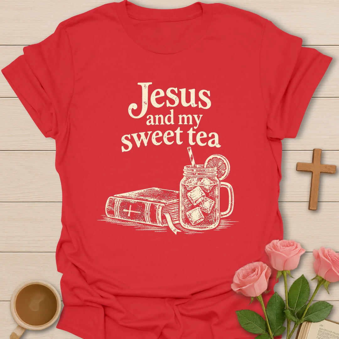 Jesus and my sweet tea t-shirt with cream lettering above a line-art Bible and a mason jar of iced tea with lemon - Red