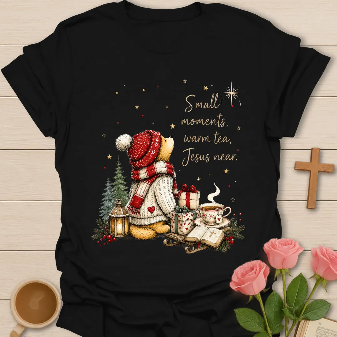 Jesus Near Christmas Christian T-shirt with warm tea Bible gifts and cozy winter scene - Black
