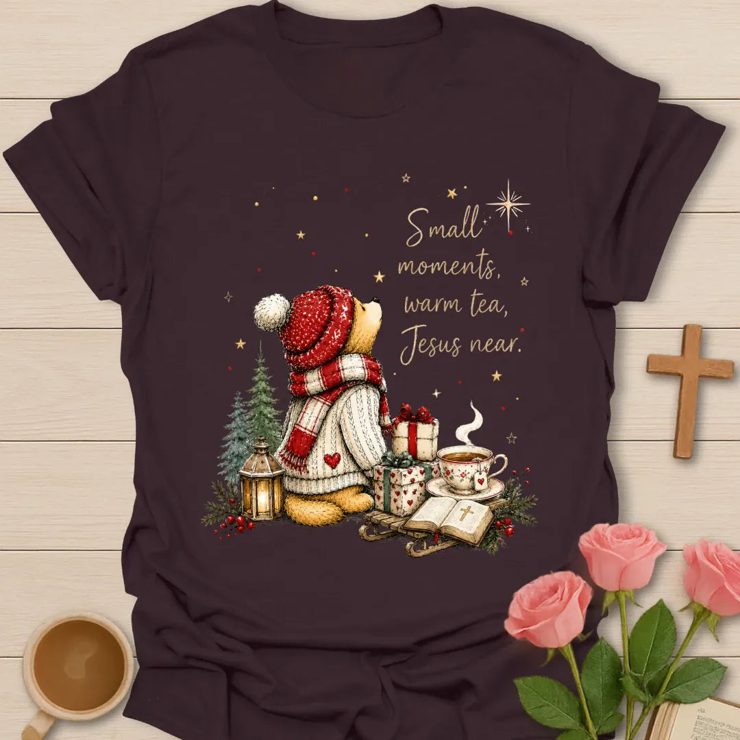 Jesus Near Christmas Christian T-shirt with warm tea Bible gifts and cozy winter scene - Dark Chocolate