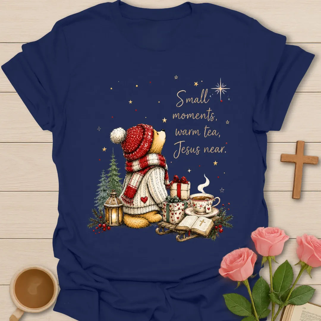 Jesus Near Christmas Christian T-shirt with warm tea Bible gifts and cozy winter scene - Navy