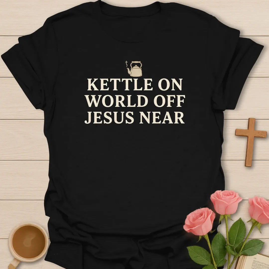 Jesus Near shirt with cross and cream vintage lettering. - Black