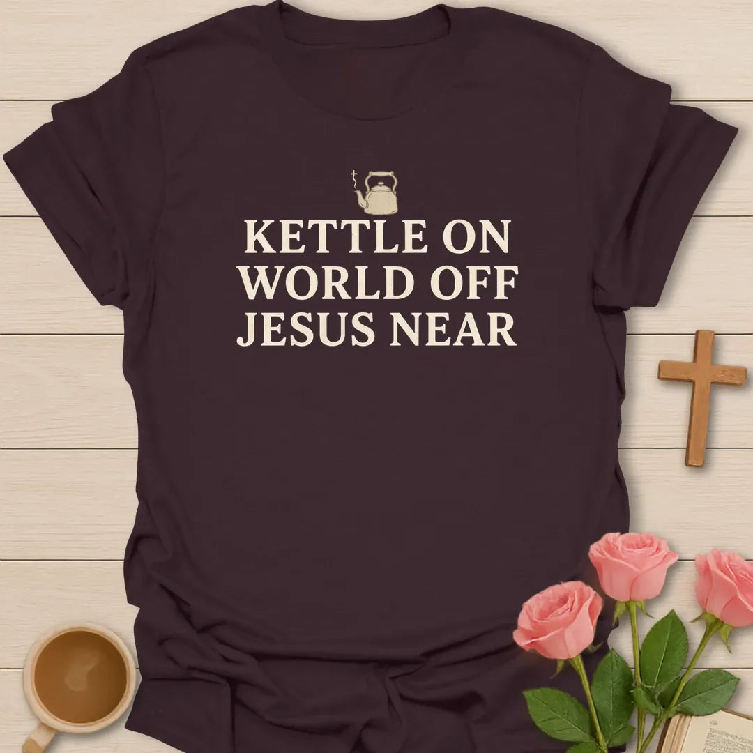 Jesus Near shirt with cross and cream vintage lettering. - Dark Chocolate