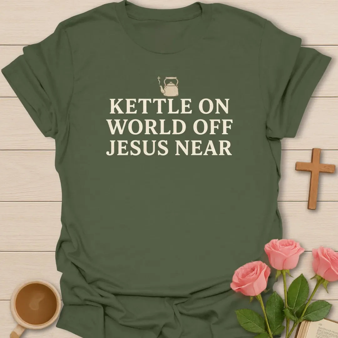 Jesus Near shirt with cross and cream vintage lettering. - Military Green