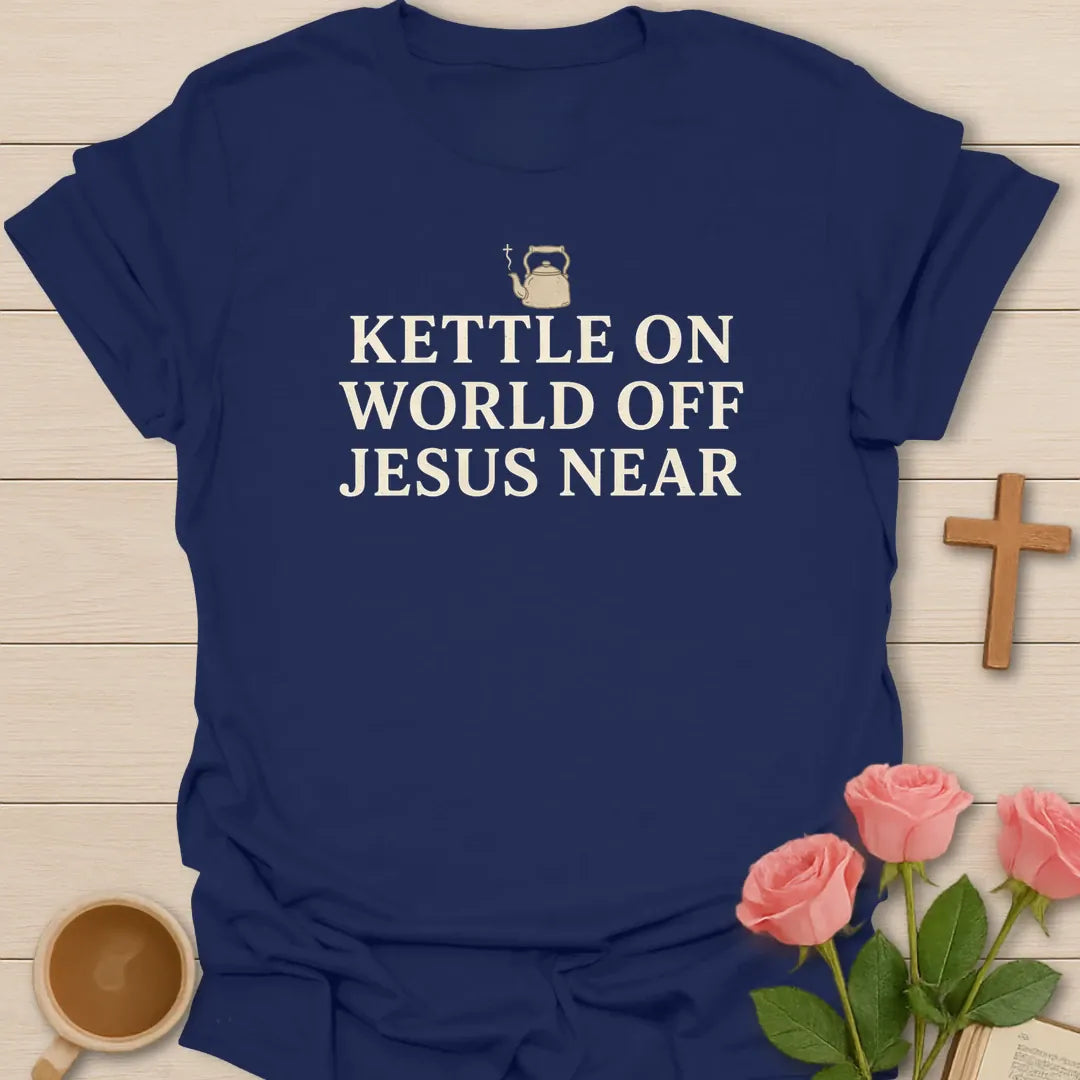 Jesus Near shirt with cross and cream vintage lettering. - Navy