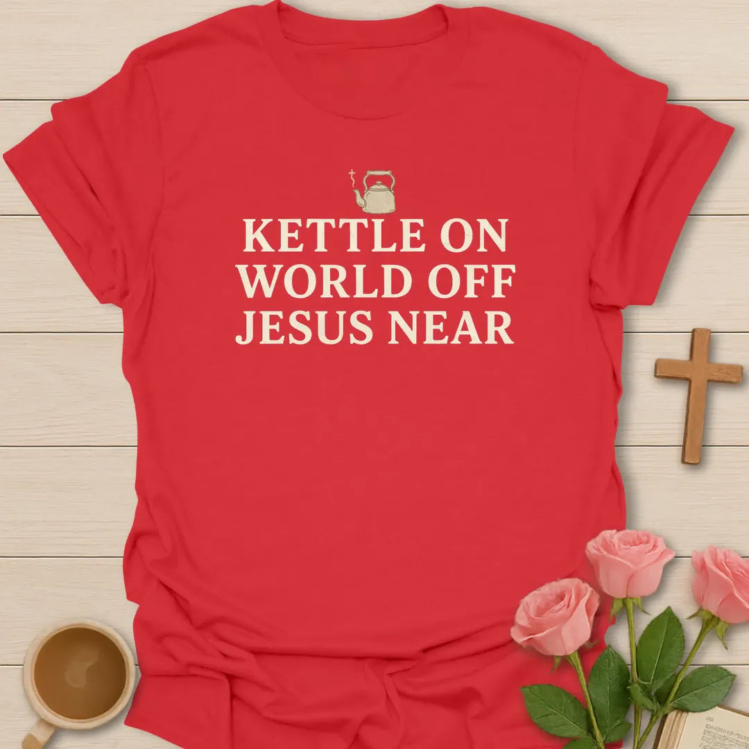 Jesus Near shirt with cross and cream vintage lettering. - Red