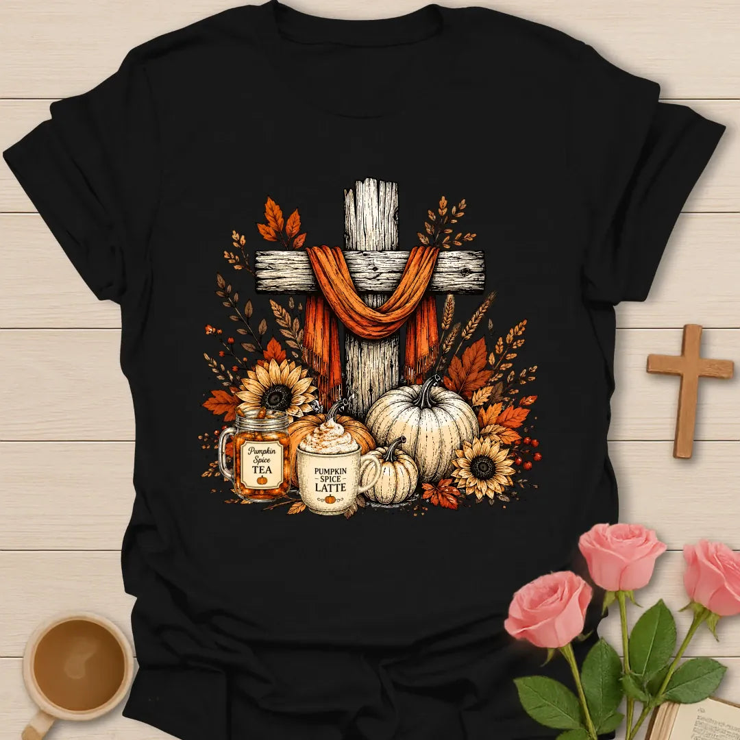 Jesus Pumpkin Spice Tea shirt with rustic wooden cross, orange scarf, pumpkins, sunflower, pumpkin spice tea jar, latte, and autumn leaves. - Black