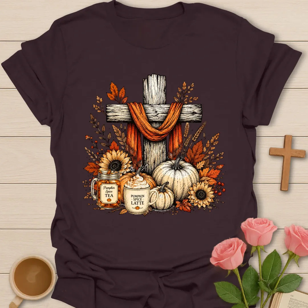 Jesus Pumpkin Spice Tea shirt with rustic wooden cross, orange scarf, pumpkins, sunflower, pumpkin spice tea jar, latte, and autumn leaves. - Dark Chocolate
