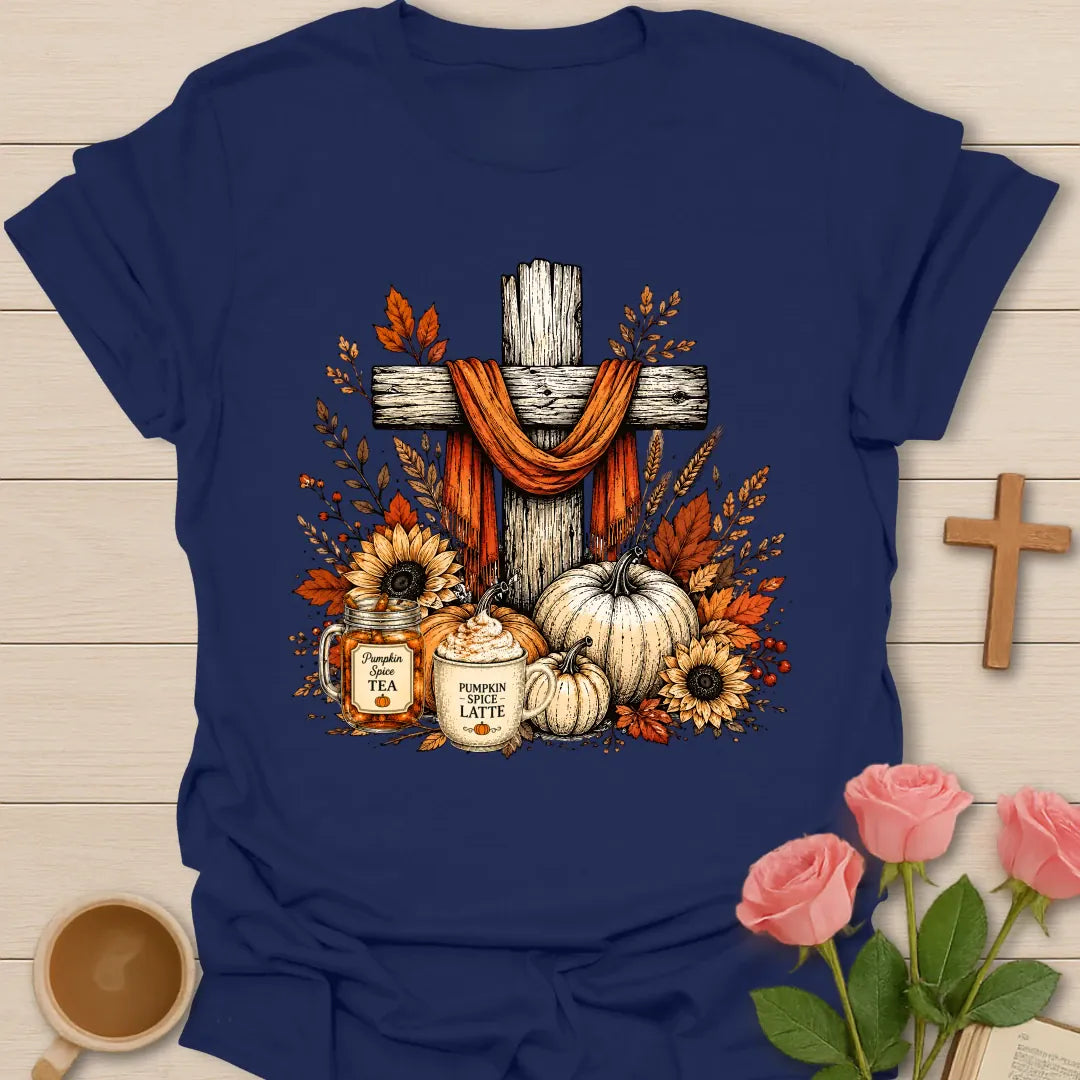 Jesus Pumpkin Spice Tea shirt with rustic wooden cross, orange scarf, pumpkins, sunflower, pumpkin spice tea jar, latte, and autumn leaves. - Navy