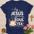 Jesus Restores The Soul and Tea Brings Comfort shirt with teacup, cross, tea tag, leaves, and soft vintage lettering. - Navy