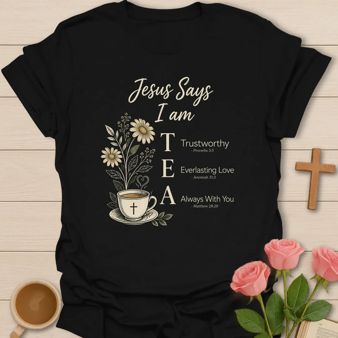 Jesus Says I Am tea shirt with teacup, flowers, cross, and trustworthy everlasting love always with you affirmations. - Black