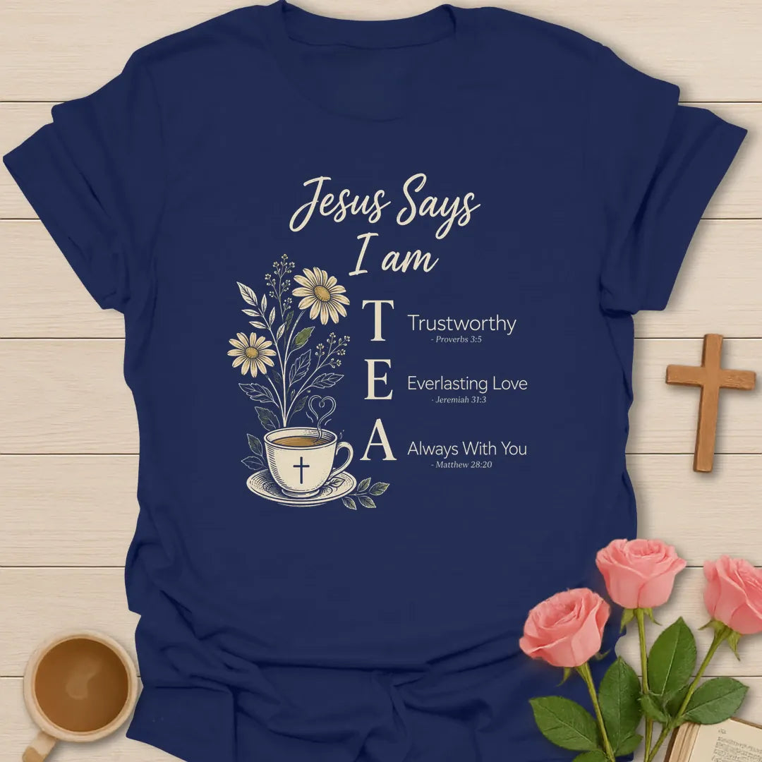 Jesus Says I Am tea shirt with teacup, flowers, cross, and trustworthy everlasting love always with you affirmations. - Navy