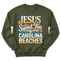 Jesus Sweet Tea and Carolina Beaches sweatshirt with coastal and sweet tea design - Military Green