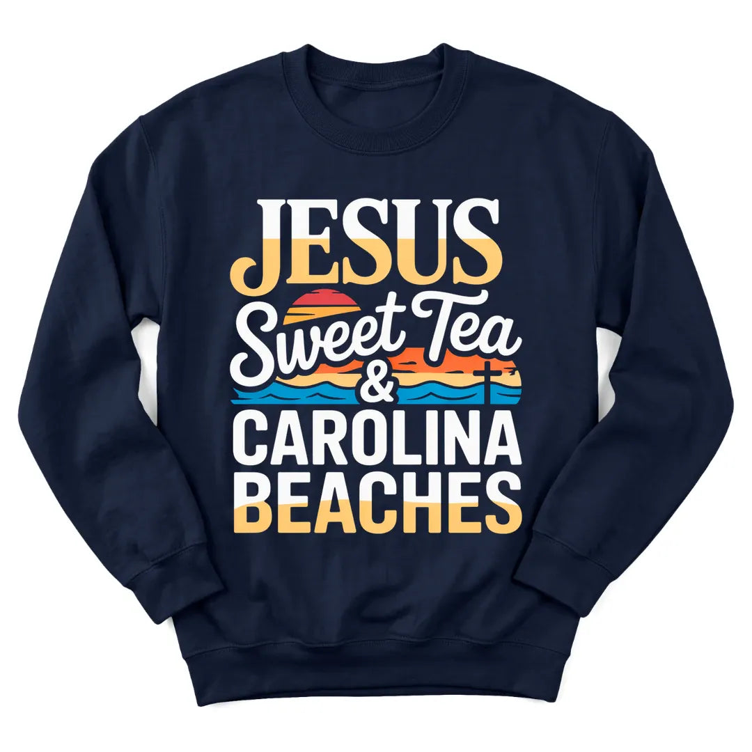 Jesus Sweet Tea and Carolina Beaches sweatshirt with coastal and sweet tea design - Navy