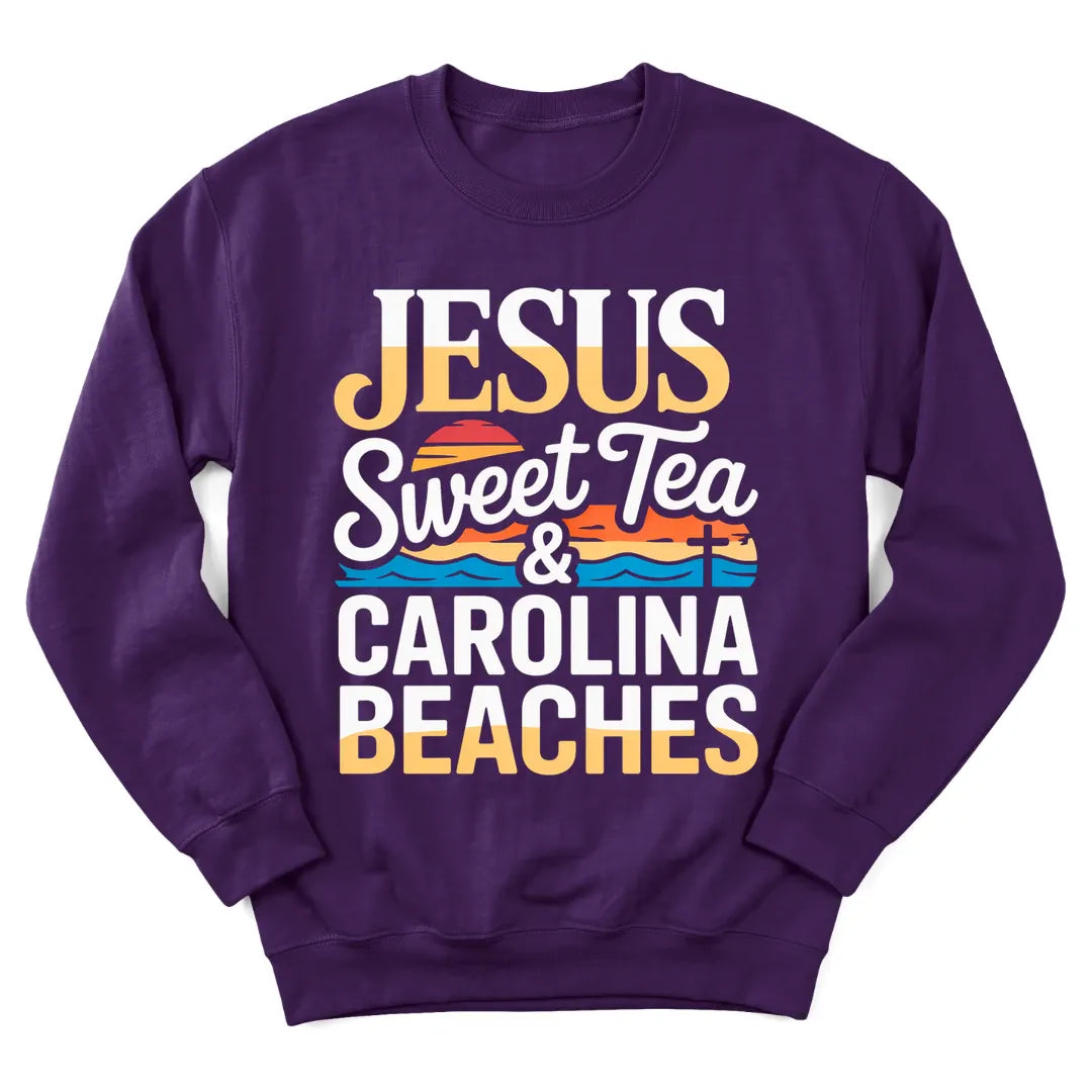 Jesus Sweet Tea and Carolina Beaches sweatshirt with coastal and sweet tea design - Purple