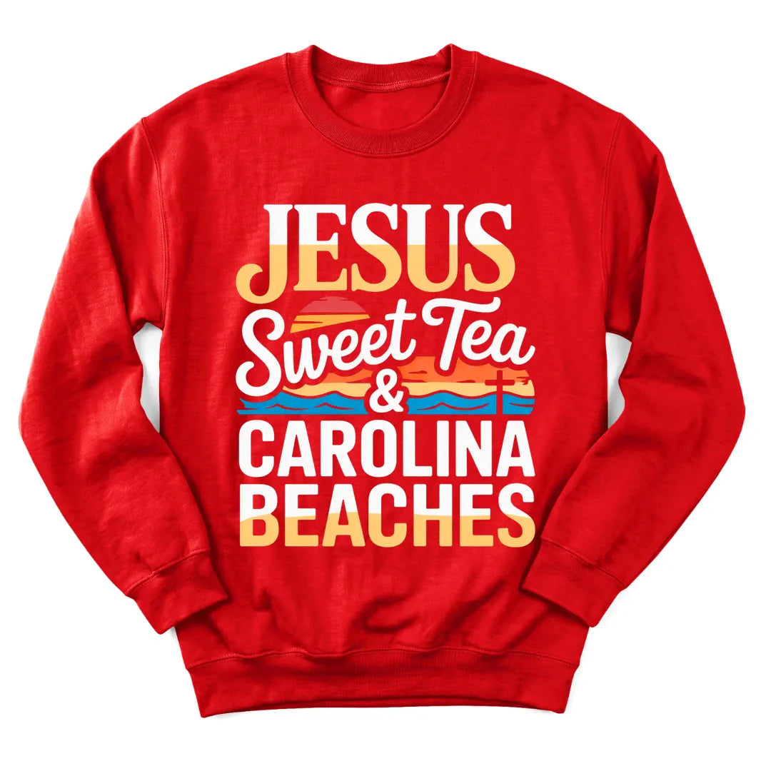 Jesus Sweet Tea and Carolina Beaches sweatshirt with coastal and sweet tea design - Red