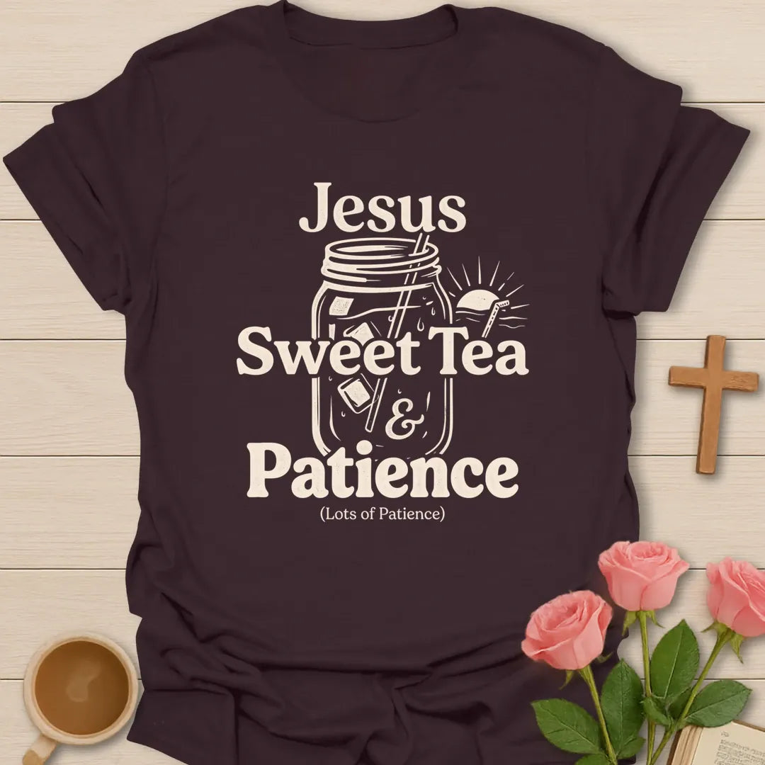Jesus Sweet Tea and Patience shirt with iced tea glass, cross, lemon slice, hearts, and vintage lettering. - Dark Chocolate