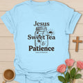 Jesus Sweet Tea and Patience shirt with iced tea glass, cross, lemon slice, hearts, and vintage lettering. - Light Blue