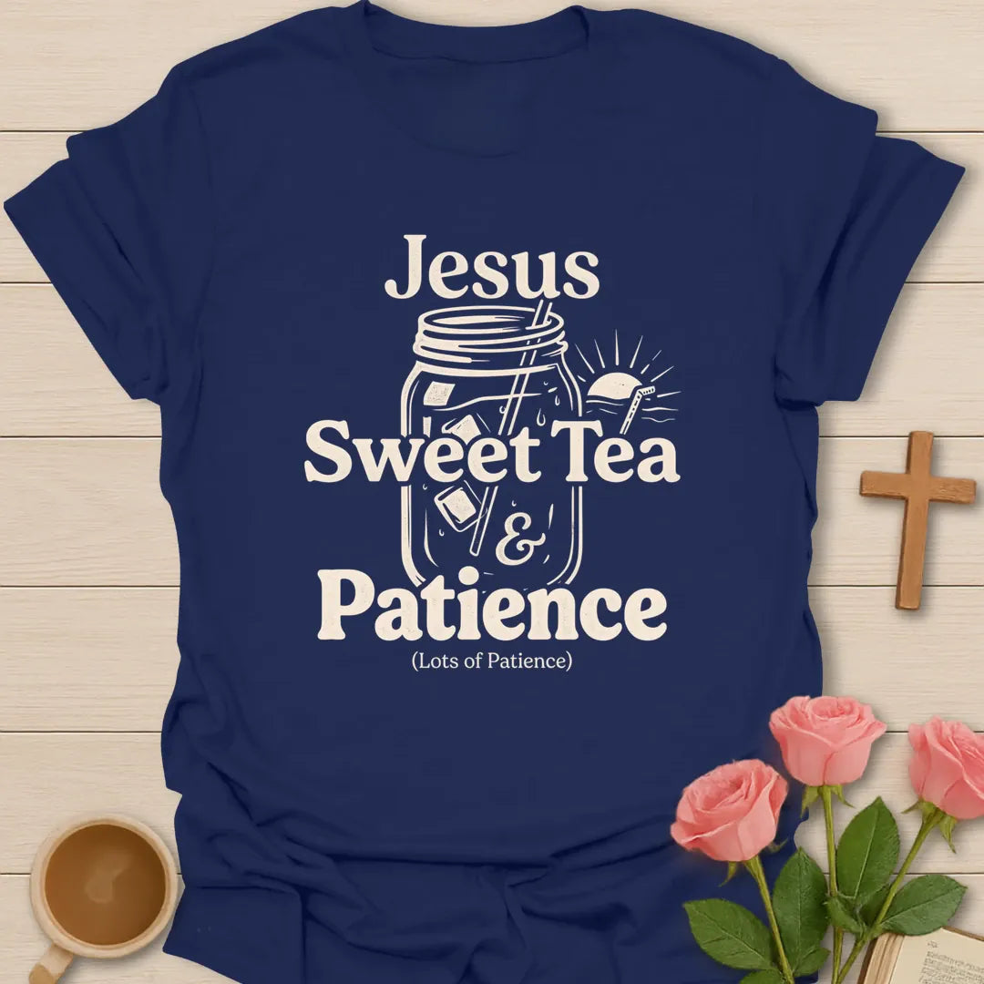 Jesus Sweet Tea and Patience shirt with iced tea glass, cross, lemon slice, hearts, and vintage lettering. - Navy