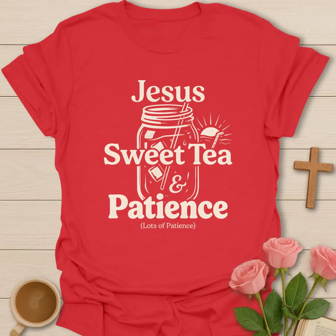 Jesus Sweet Tea and Patience shirt with iced tea glass, cross, lemon slice, hearts, and vintage lettering. - Red