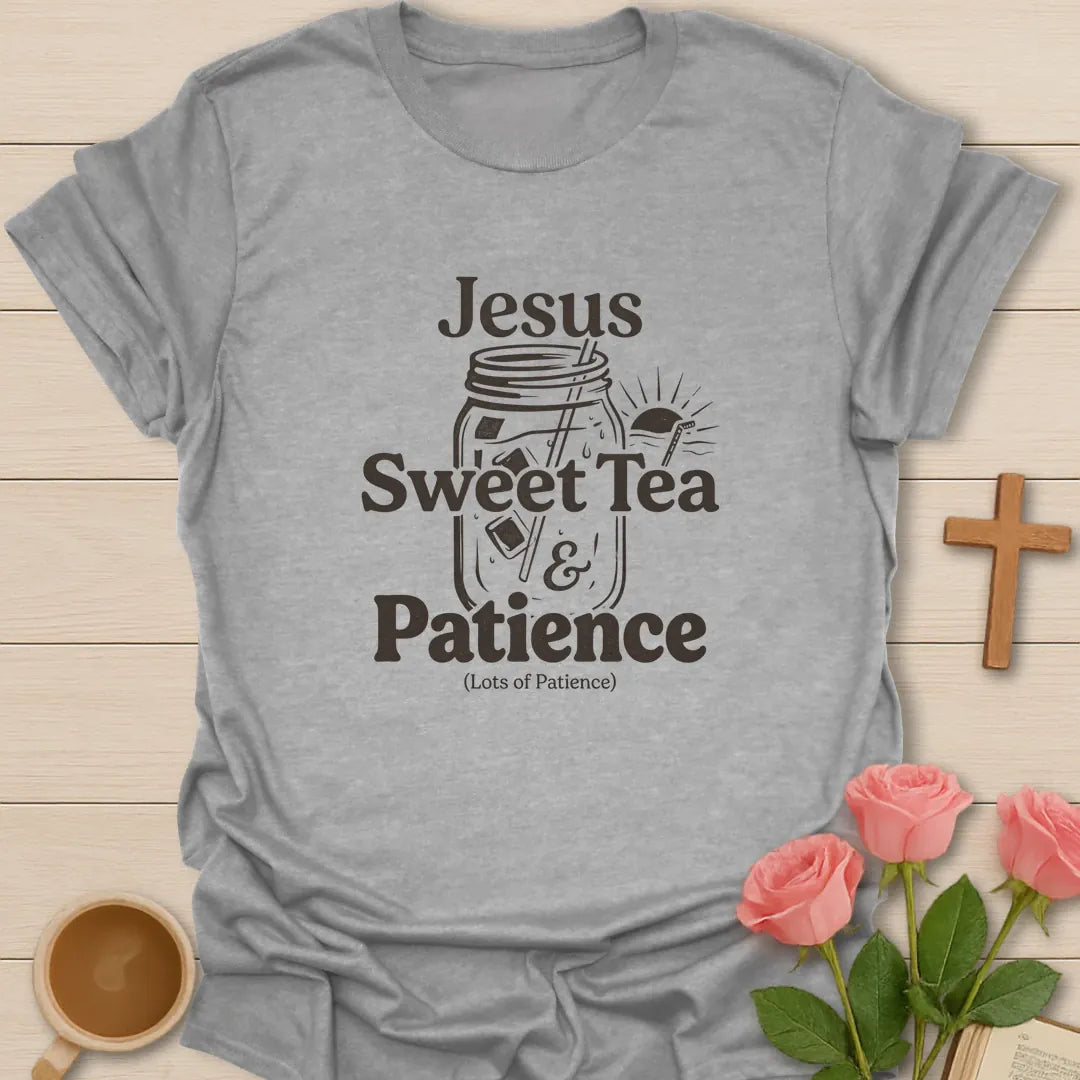 Jesus Sweet Tea and Patience shirt with iced tea glass, cross, lemon slice, hearts, and vintage lettering. - Sport Grey