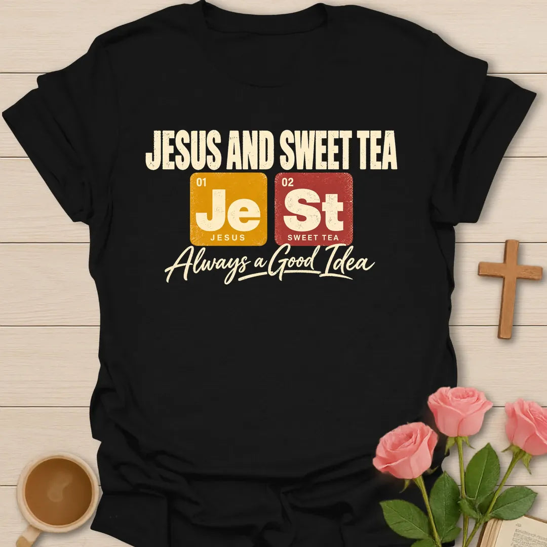 Jesus And Sweet Tea t-shirt with periodic table tiles Je and St and Always a Good Idea script - Black