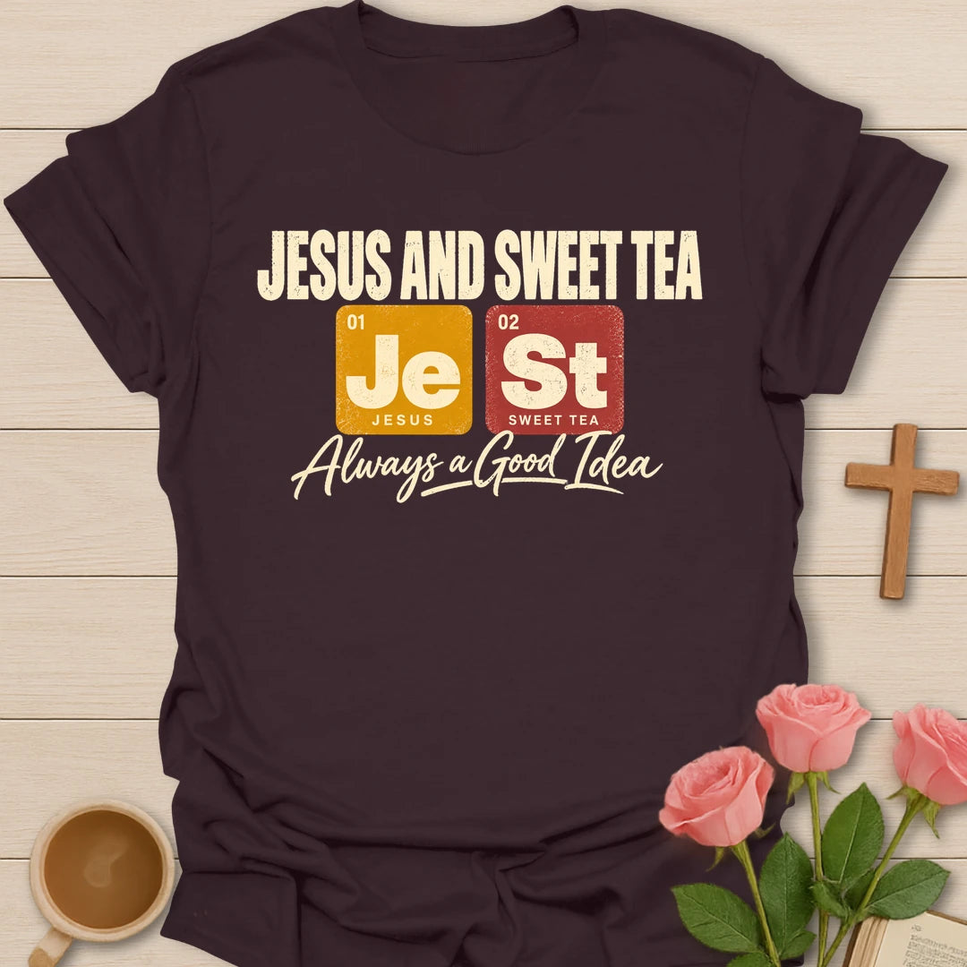 Jesus And Sweet Tea t-shirt with periodic table tiles Je and St and Always a Good Idea script - Dark Chocolate