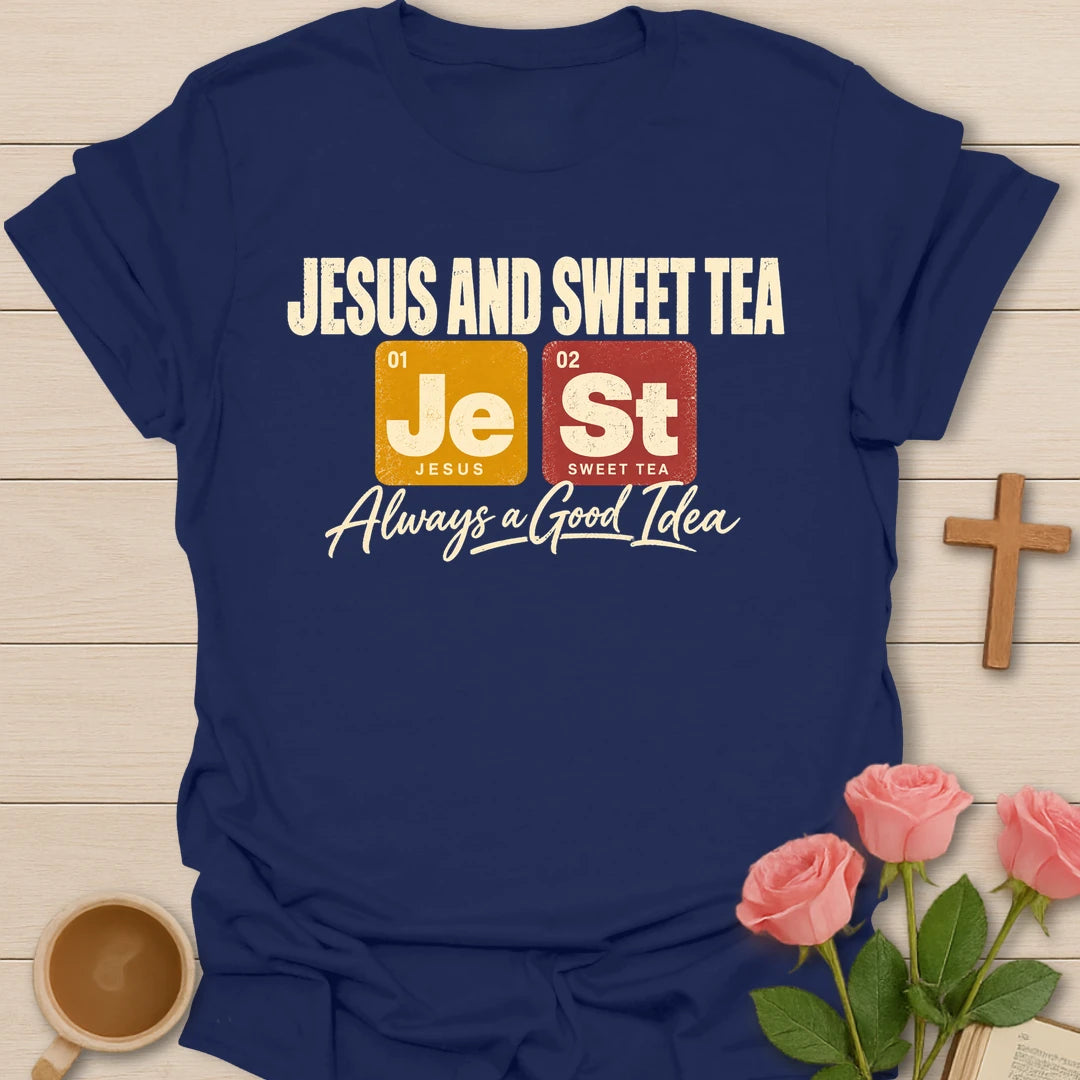 Jesus And Sweet Tea t-shirt with periodic table tiles Je and St and Always a Good Idea script - Navy