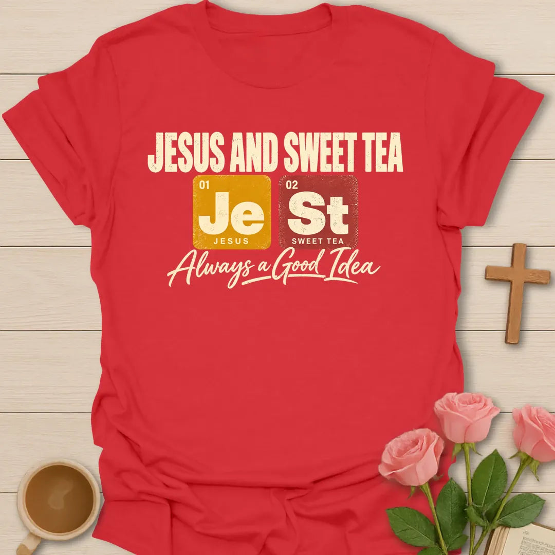 Jesus And Sweet Tea t-shirt with periodic table tiles Je and St and Always a Good Idea script - Red