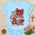 Jesus & Tea 2026 t-shirt with new year lettering and tea artwork and faith-inspired design - Light Blue