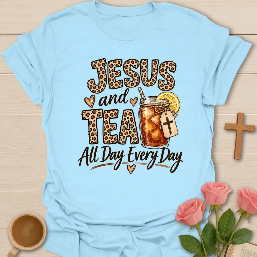 Jesus and Tea All Day Every Day shirt with leopard print letters, mason jar iced tea, cross tag, lemon slice, and hearts. - Light Blue