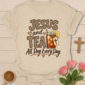 Jesus and Tea All Day Every Day shirt with leopard print letters, mason jar iced tea, cross tag, lemon slice, and hearts. - Sand