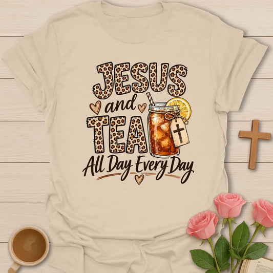 Jesus and Tea All Day Every Day shirt with leopard print letters, mason jar iced tea, cross tag, lemon slice, and hearts. - Sand