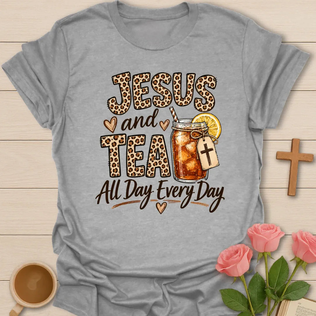 Jesus and Tea All Day Every Day shirt with leopard print letters, mason jar iced tea, cross tag, lemon slice, and hearts. - Sport Grey