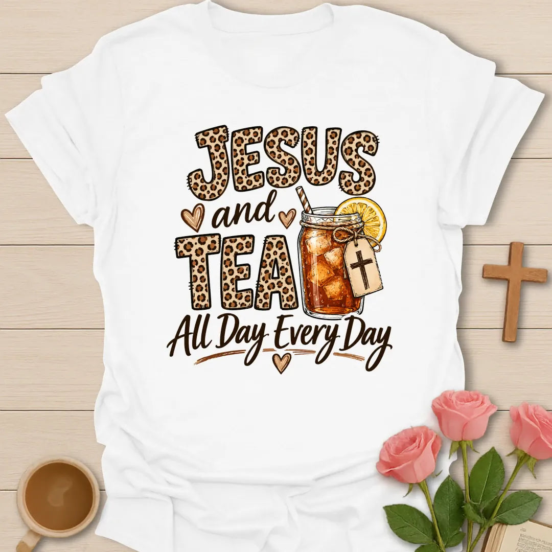 Jesus and Tea All Day Every Day shirt with leopard print letters, mason jar iced tea, cross tag, lemon slice, and hearts. - White
