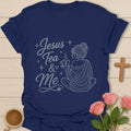 Jesus Tea and Me rhinestone-style shirt with woman holding teacup, stars, and dotted sparkle design. - Navy