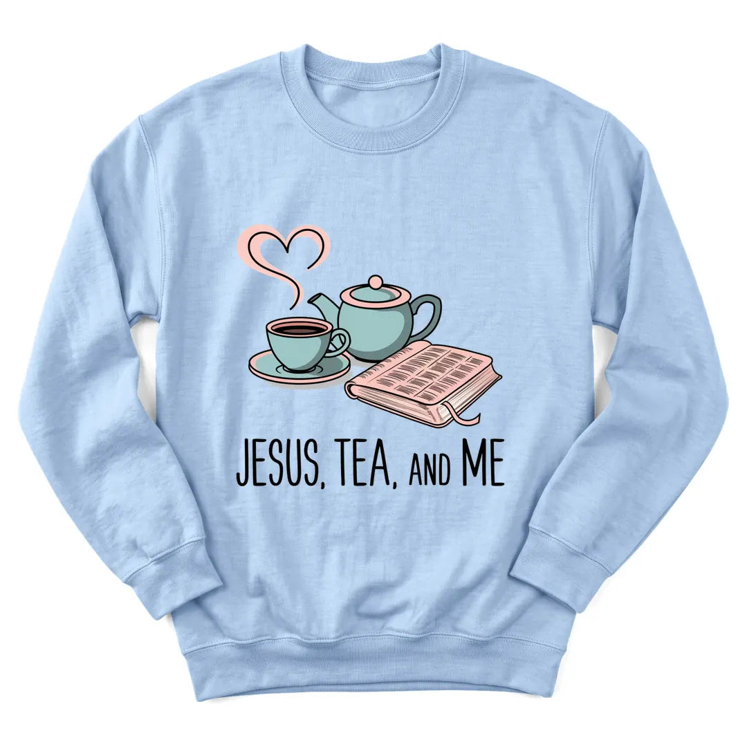 Jesus Tea And Me sweatshirt with minimal line-art teacup and cross - Light Blue