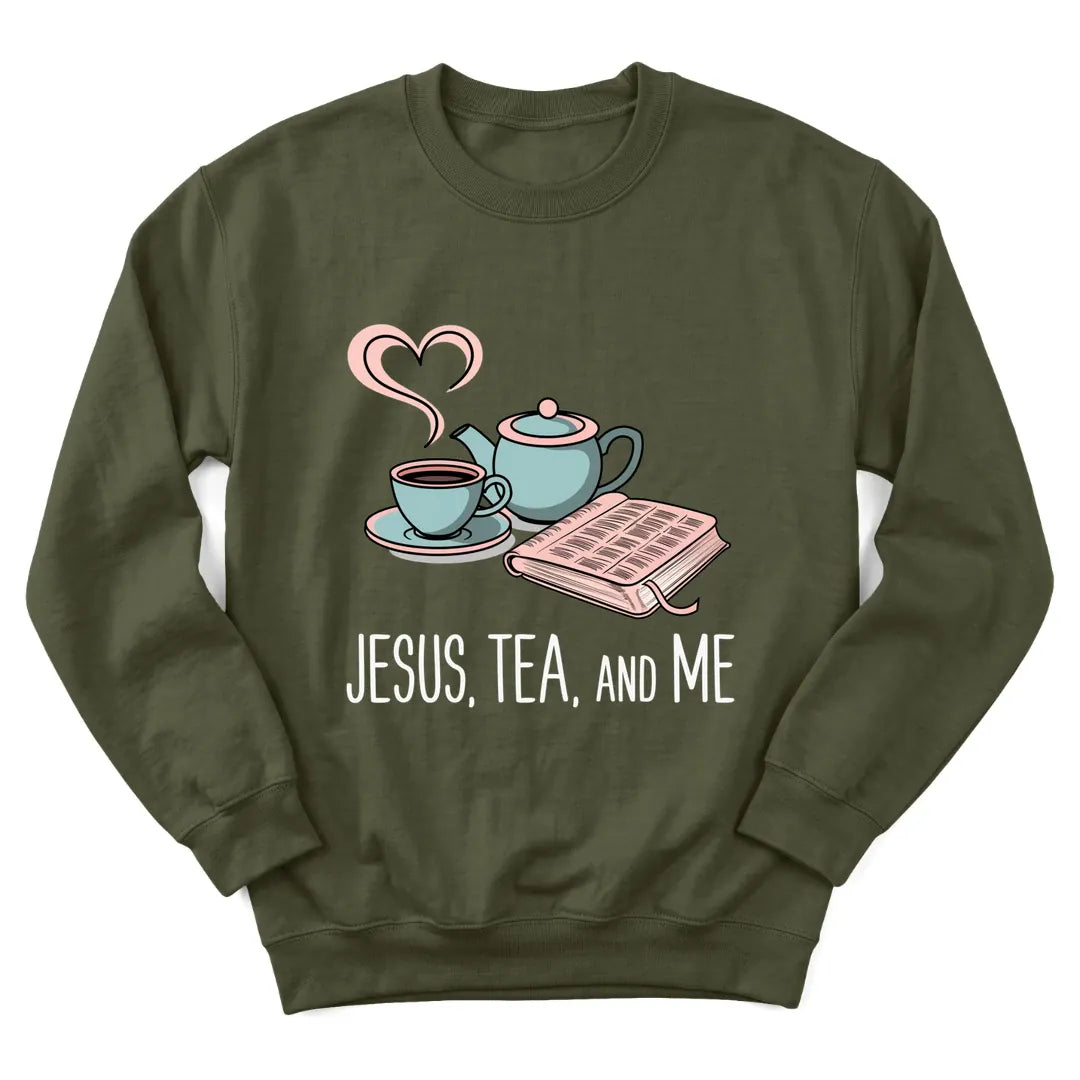 Jesus Tea And Me sweatshirt with minimal line-art teacup and cross - Military Green