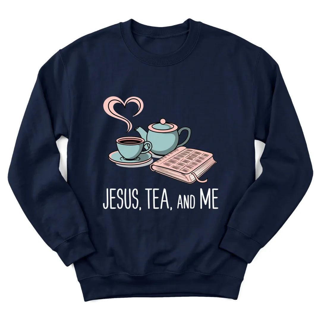 Jesus Tea And Me sweatshirt with minimal line-art teacup and cross - Navy