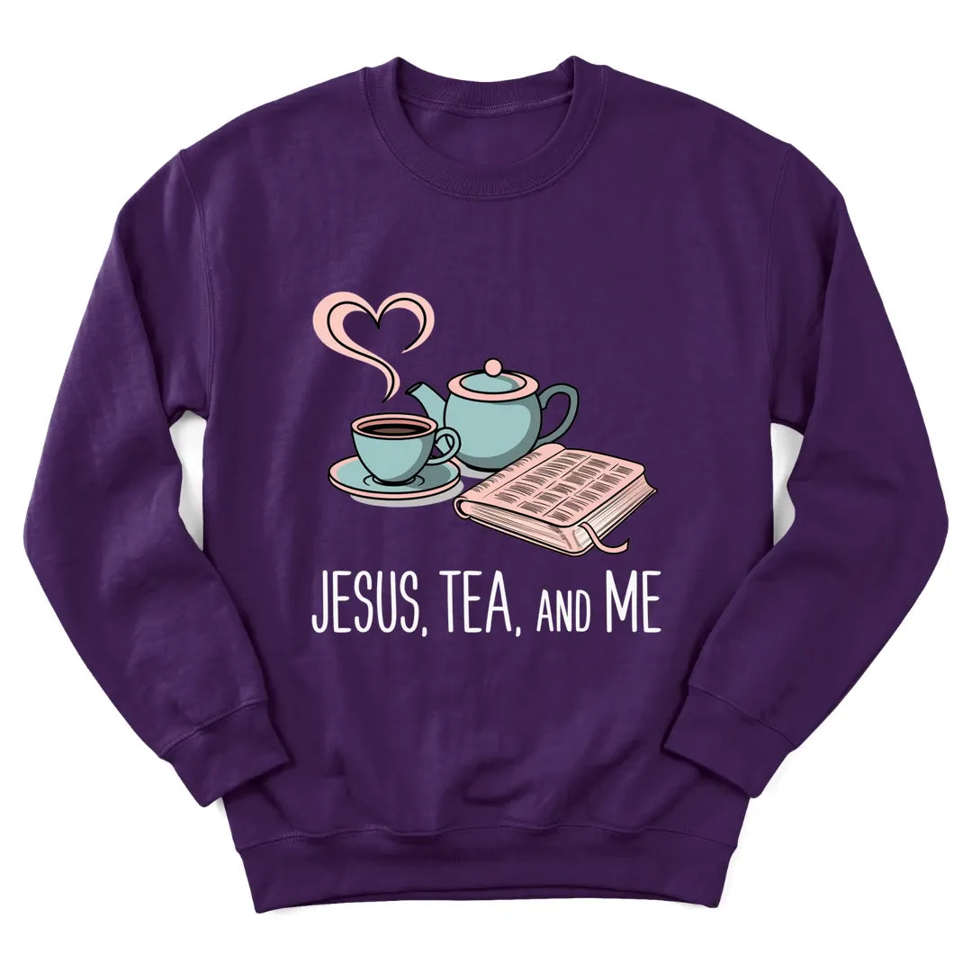 Jesus Tea And Me sweatshirt with minimal line-art teacup and cross - Purple