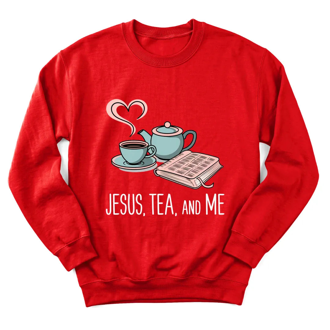 Jesus Tea And Me sweatshirt with minimal line-art teacup and cross - Red