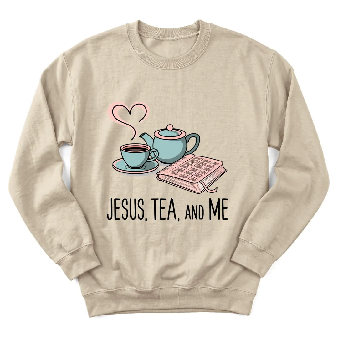 Jesus Tea And Me sweatshirt with minimal line-art teacup and cross - Sand