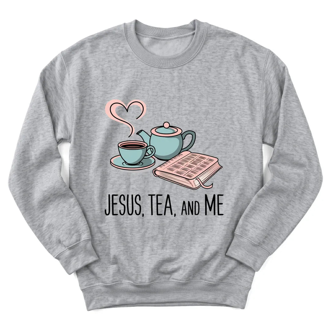 Jesus Tea And Me sweatshirt with minimal line-art teacup and cross - Sport Grey