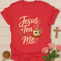 Jesus Tea and Me shirt with simple line-art teacup and heart steam - Red