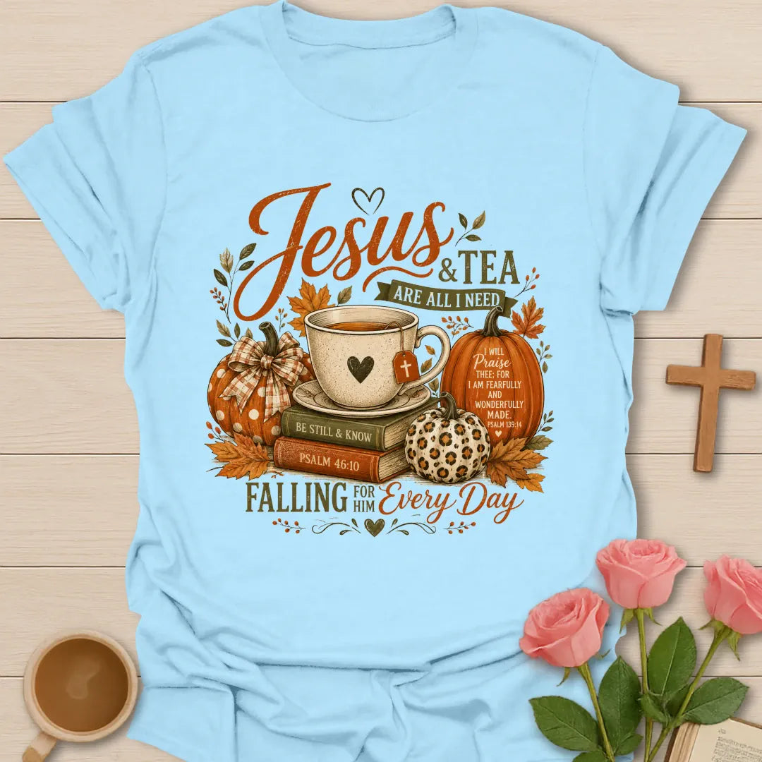 Jesus and Tea Are All I Need shirt with fall teacup, pumpkins, Bible books, leaves, and Psalm-inspired design. - Light Blue